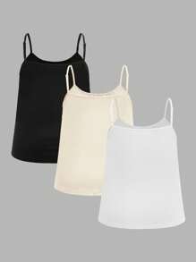 SHEIN EZwear 3pcs Plus Size Women Pleated Loose Camisole Adjustable Strap Camisole, Suitable For Spring And Summer Back To School - Multicolor - View 2