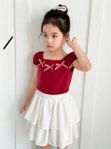 SHEIN Conjunto informal de 2 piezas para niñas jóvenes con camiseta de manga corta con decoración de lazo y falda, color burdeos con volantes - Multicolor - Ver 7