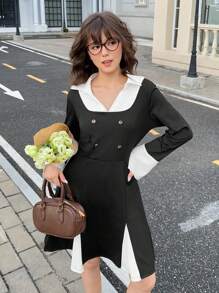 Teen Girl Elegant Colorblock Splice 2 In 1 Dress - Black and White - View 7