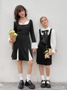 Teen Girl Elegant Colorblock Splice 2 In 1 Dress - Black and White - View 12