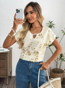 SHEIN LUNE Women's White Floral Sequin Embroidery Patchwork V-Neck Loose Fit Blouse,Elegant Summer Wedding Guest Tops,Fairycore Short Sleeve Shirt,Rave - Apricot - View 5