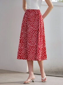 SHEIN Unity Women's Summer Ditsy Floral A-Line Skirt Modest Vacation Fall - Red - View 4