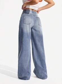 SHEIN PETITE Women's Casual Daily Distressed Cat Whisker Slit Pocket Wide Leg Jeans - Light Wash - View 2