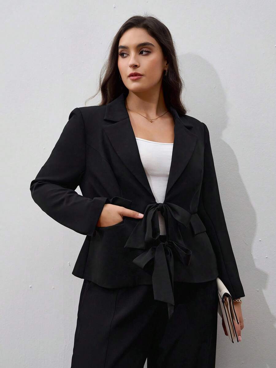 Chikora Plus Size Women's Fashionable Bowknot Business Blazer For Everyday Wear - Black - View 1