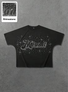 ROMWE MEN Street Life Street Style American Design Rhinestone Effect English Print Short Batwing Sleeve T-Shirt, Halloween - Black - View 3