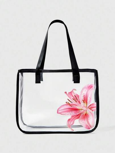 Grunge Punk حقيبة شفافة بطباعة الورود السوداء عصرية، حقيبة شاطئ نسائية واضحة