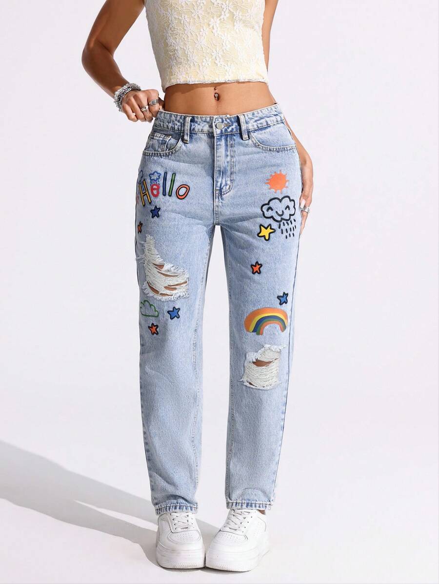 SHEIN Tall Jeans de tiro medio con pierna entallada, rasgados y con estampado de graffiti casual - Azul lavado medio - Ver 1