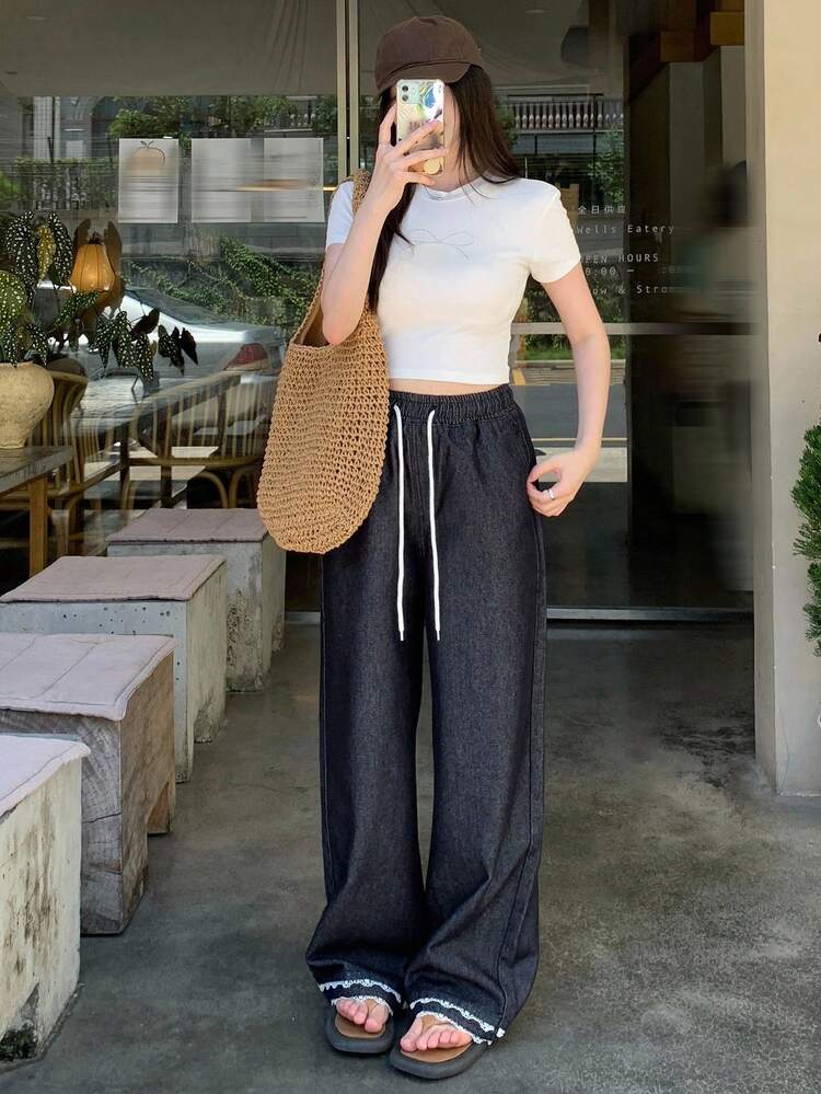 High Waist Belted Ruffle Hem Jeans For Women, Versatile Summer Casual Long Pants