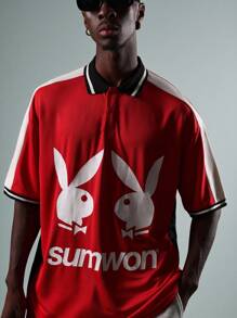PLAYBOY X SUMWON Camiseta de edición limitada de corte regular, de tipo polo, con doble logo de conejo, para uso casual y urbano - Rojo - Ver 4
