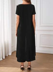 SHEIN Clasi 2pcs Women's New Elegant Fashion High-End Heavy Beaded & Rhinestone Embellished Black Outfit Mother's Day Suitable For Summer Mother Day Old Money Navycore Outfits Nautical Casual For Women Vacation Outfits Women Boho Old Money Women Casual Dress Women Dresses Birthday Work Summer Dresses Women S Clothes Women Summer Clothing - Black - View 2