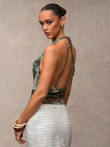 SHEIN BAE 休闲时尚性感吊带露背女式上衣 - 橄欖綠 - 查看 2