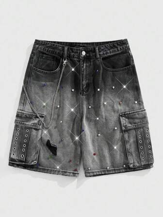 Street Life Men's Casual Washed Gradient Studded Diamond Decoration Denim Shorts