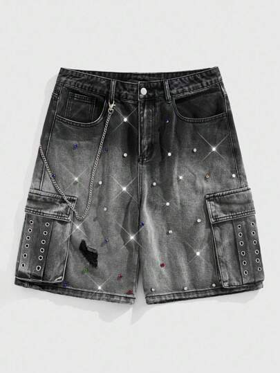 Street Life Shorts en jean décorés de clous effet dégradé lavé décontracté pour hommes