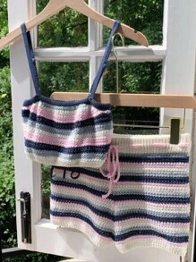 Comfortcana 2pcs Women Contrast Striped Cropped Camisole & Shorts Set,Low Rise - Multicolor - View 4