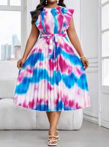SHEIN Lady Robe élégante mi-longue à manches courtes avec ceinture, col rond, en tricot tressé, style boho, pour le bureau et la ville, tailles plus, pour l'été. Tenues d'été pour femmes, robes d'été pour femmes, tenues de bureau pour femmes, robe de vacances, vêtements pour femmes l'été - Multicolore - Voir 1