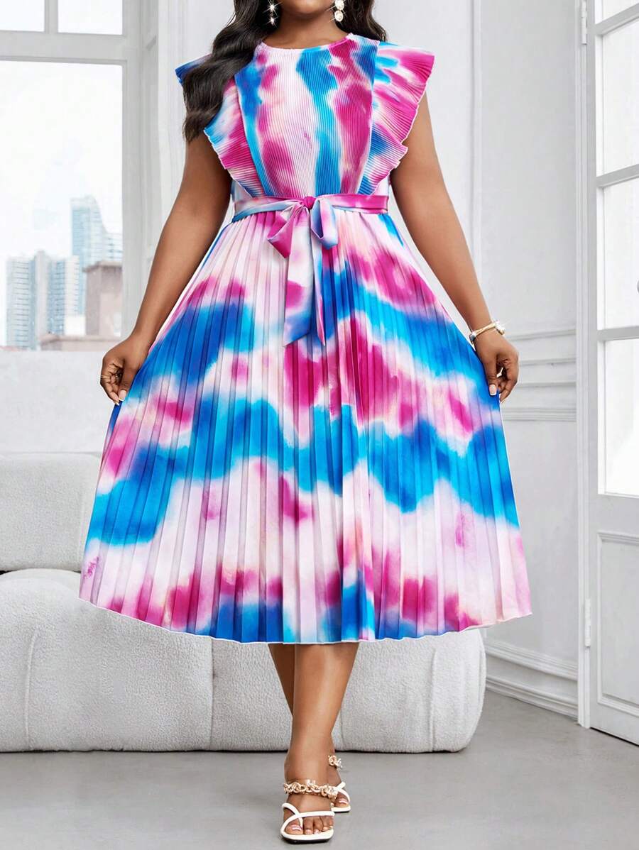 SHEIN Lady Robe élégante mi-longue à manches courtes avec ceinture, col rond, en tricot tressé, style boho, pour le bureau et la ville, tailles plus, pour l'été. Tenues d'été pour femmes, robes d'été pour femmes, tenues de bureau pour femmes, robe de vacances, vêtements pour femmes l'été - Multicolore - Voir 1