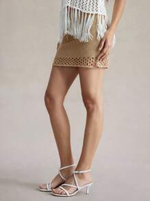Briarwyn Women's Summer Vacation Solid Color Hollow-Out Knitted Bodycon Skirt,Fall,Back To School,Old Money Style,Teacher,Modest Kawaii Skirt - Gold - View 6