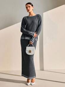 CLARA VERO Ensemble tricoté de 2 pièces composé d'un pull oversize à col rond avec motif géométrique contrasté et détails à l'ourlet, et d'une jupe longue avec ourlet contrasté et motif géométrique - Gris - Voir 7