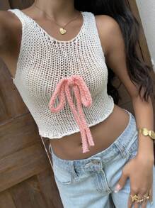 Sunnyshic Women Sexy Bowknot Hollow Out Knitted Vest - White - View 3