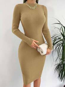 SHEIN Cottnline 女款圓領長袖紋理毛衣連身裙 - 駝色 - 查看 3