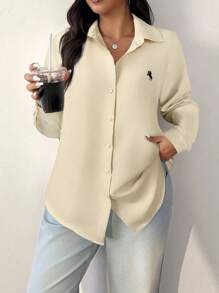 SHEIN EZwear 大码女式春夏骑士印花长袖单排扣衬衫 - 米色 - 查看 3