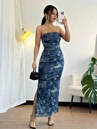 Rafferiza 女式复古印花褶饰紧身网眼连衣裙