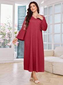 Modelyn Casual Solid Color Lace Patchwork V-Neck Ruffle Hem Long Sleeve Loose Maxi Dress, Plus Size, Spring/Summer Fall - Burgundy - View 4