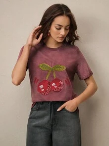 Anewsta 复古美式水洗樱桃图案刺绣针织圆领女式T恤，休闲夏季女式印花T恤，樱桃图案纯棉T恤，女士T恤 - 酒紅色 - 查看 5