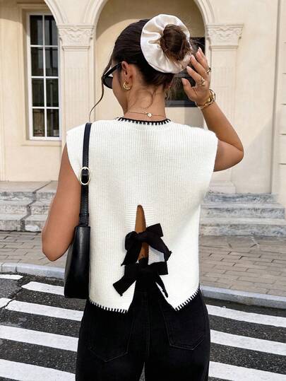 Serisse 女式夏季度假蝴蝶结装饰撞色边针织上衣