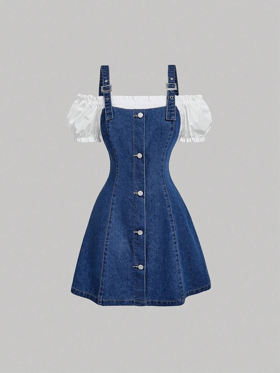 SHEIN MOD Women's Casual Denim Mini Dress With Patchwork Button Down Denim Dress