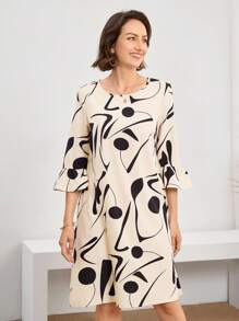 Miaspire Casual Daywear Round Neck Ruffle Sleeve Women Dress, Geometric Print Side Pockets Women Dress,Fall Women Clothes,Teacher Outfits For Women,Airport Outfit Women Beige Dress For Women Print Dresses For Women Butterfly Sleeve Dress Bell Sleeve Dress Motif Women Dresses - Multicolor - View 4