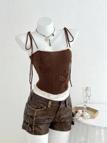 Elamini Women's Casual Contrast Color Trim Knit Camisole Top - Brown - View 1