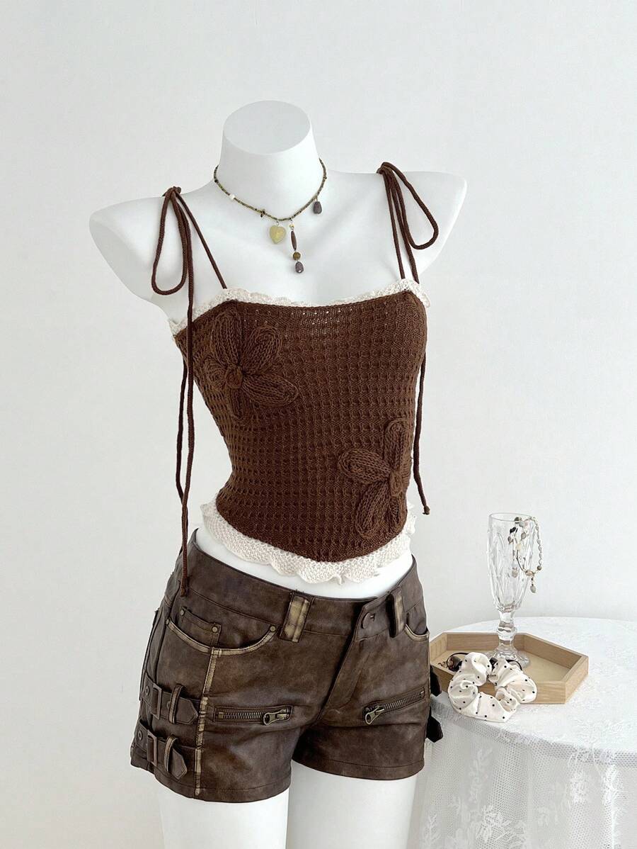 Elamini Women's Casual Contrast Color Trim Knit Camisole Top - Brown - View 1