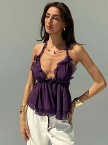 Aloruh Camiseta de escote halter y espalda descubierta de unicolor sexy para mujer, de verano - Morado - Ver 8