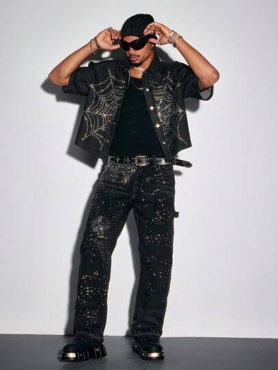 Street Life Chemise en jean à imprimé toile d'araignée avec strass, pour hommes, Halloween