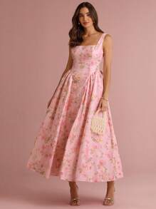 Enchnt Spring/Summer Romantic Women's Pastel Pink Floral Print Big Bowknot Back Cinched Waist Sleeveless Backless Princess Long Dress,Sweet&Elegant For Vacation&Date&Holiday&Going Out,Spring Outfit Women - Coral Pink - View 9