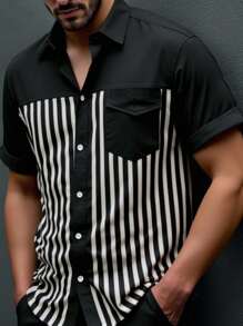 Manfinity Homme Camisa de manga corta, casual, de hombre, con rayas raglan, patchwork y hombros caídos, en unicolor, estilo maduro, para el verano