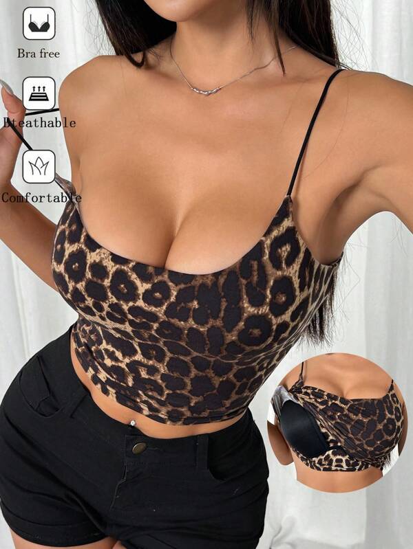 Comfortcana Damen Große Größen Leopard Muster gepolstertes Trägerhemd