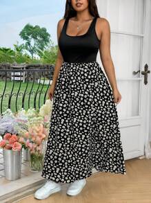 SHEIN EZwear 大码夏季休闲花卉拼布迷你连衣裙 - 彩色 - 查看 3