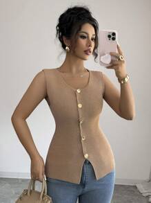 Elenzga Women's Sleeveless Thin Knit Cardigan, High-End Stylish Metal Button Sweater - Camel - View 3