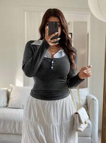 Vionelle 大码女式法式休闲拼布长袖T恤 - 深灰色 - 查看 7