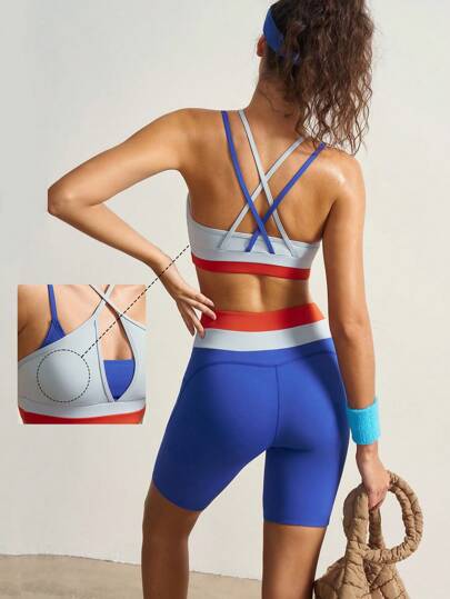 VARSITIE Women Contrast Color Cropped Top And Leggings Sports Suit Workout Women Sets