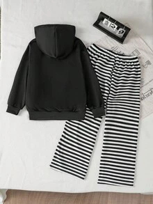 2pcs/Set Boys' Striped Jacket And Pants Set, Long Sleeve Solid Color Zip-Up Jacket And Striped Trousers, Comfortable Casual Outfit - Black - View 2