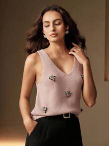 Anewsta Top/camiseta/blusa de punto con escote en V decorada con strass en forma de abeja, conjunto casual de primavera/verano para mujer