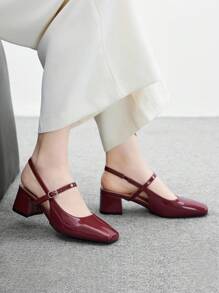 CUCCOO BIZCHIC 女士方头中跟粗跟时尚酒红色后带简约经典中跟女鞋，适合日常通勤、工作和休闲外出 - 酒紅色 - 查看 3