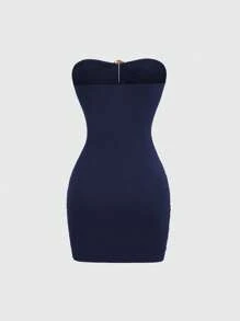 Sweetra Women's Sexy Bodycon Metal Buckle Mini Dress - Navy Blue - View 2
