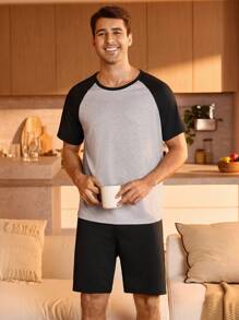Manfinity Underwear&Sleepwear Basics 男士夏季拼色插肩短袖上衣和短裤睡衣套装 - 黑色 - 查看 3