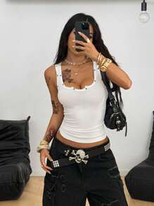 Coolane Women's Spring And Summer Festival Streetwear Vintage Y2K Basic Notched Stretchy Top - White - View 5