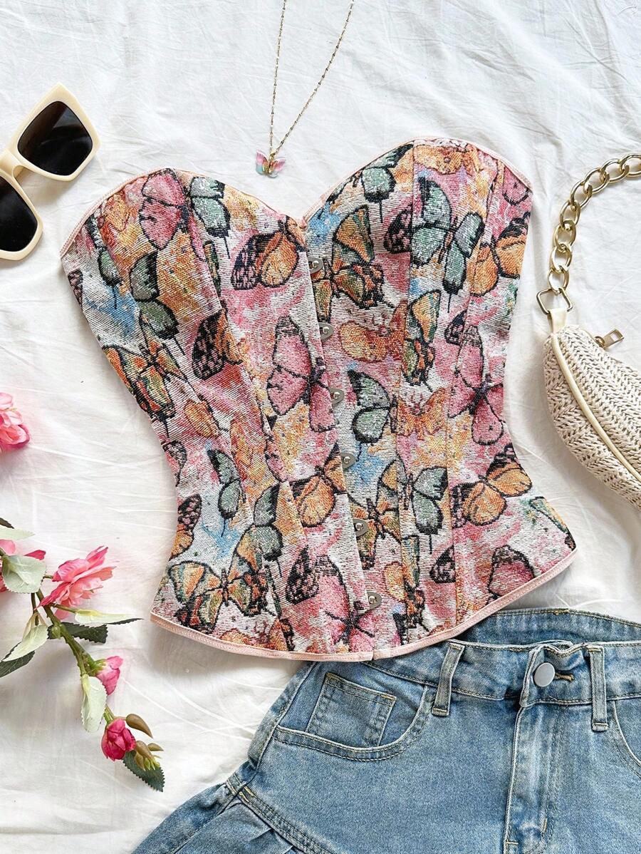 Soleia Áo ba lỗ in hoa Jacquard phong cách cung điện cổ điển dành cho nữ có nút và dây buộc phía sau - Nhiều màu - Xem 1