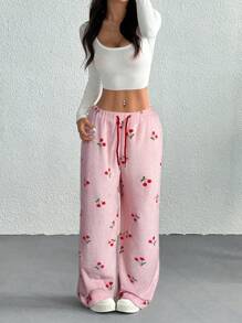 SHEIN EZwear 女式浅粉色樱桃图案前系带休闲裤 - 淺粉色 - 查看 4